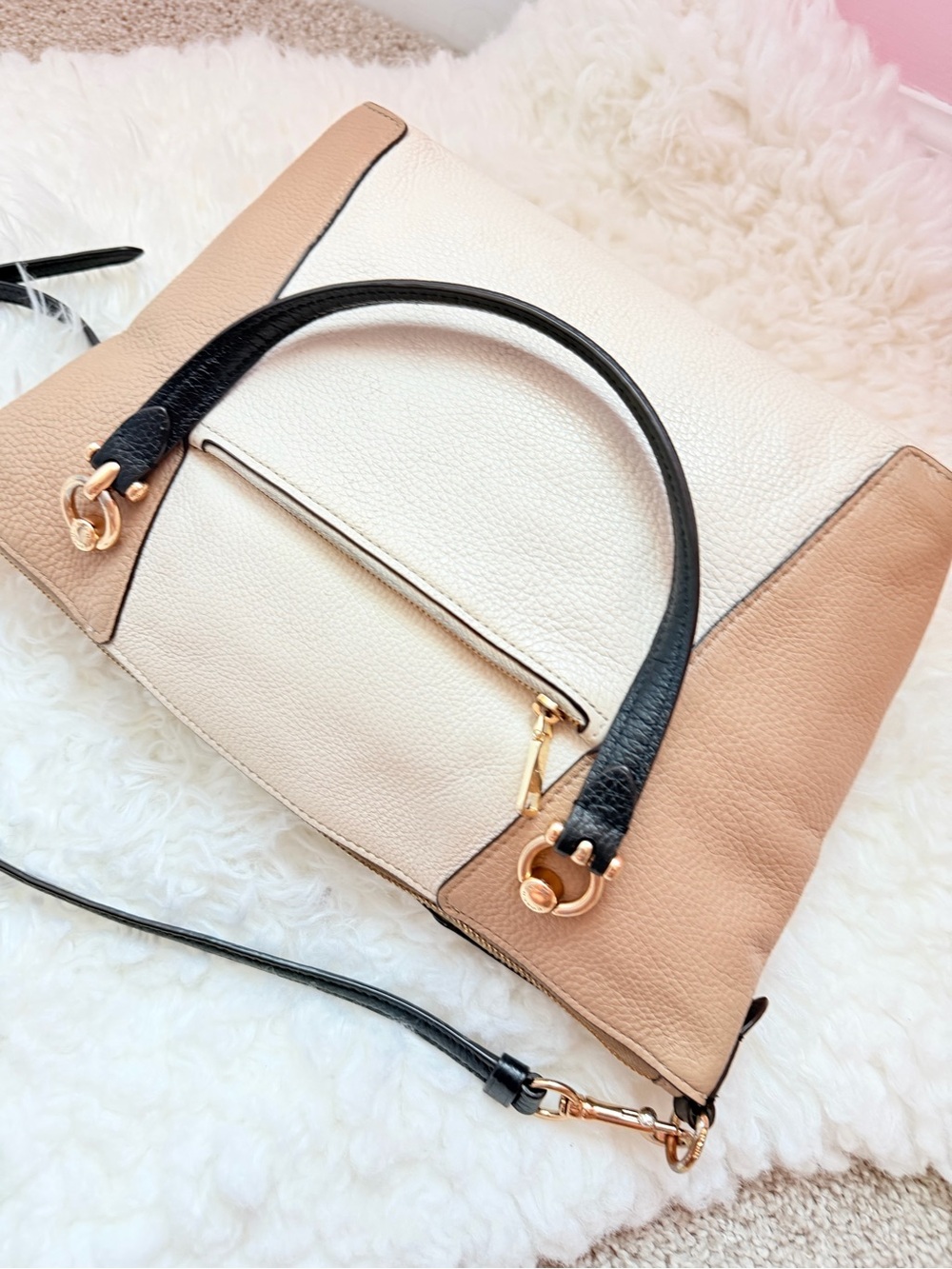 Women's Colorblock Leather Tote Bag - Cream, Tan & Black